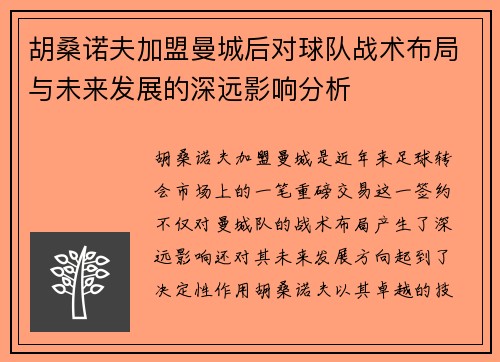 胡桑诺夫加盟曼城后对球队战术布局与未来发展的深远影响分析