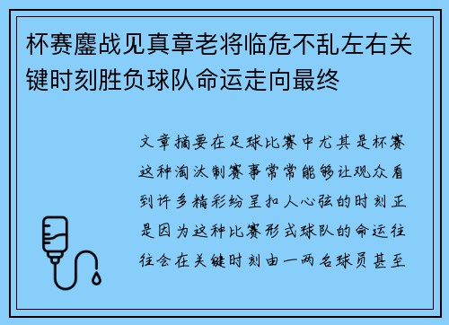 杯赛鏖战见真章老将临危不乱左右关键时刻胜负球队命运走向最终