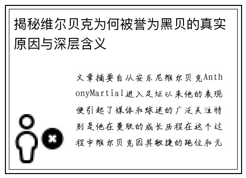 揭秘维尔贝克为何被誉为黑贝的真实原因与深层含义