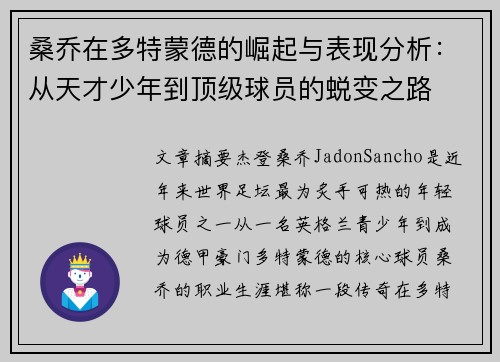 桑乔在多特蒙德的崛起与表现分析：从天才少年到顶级球员的蜕变之路